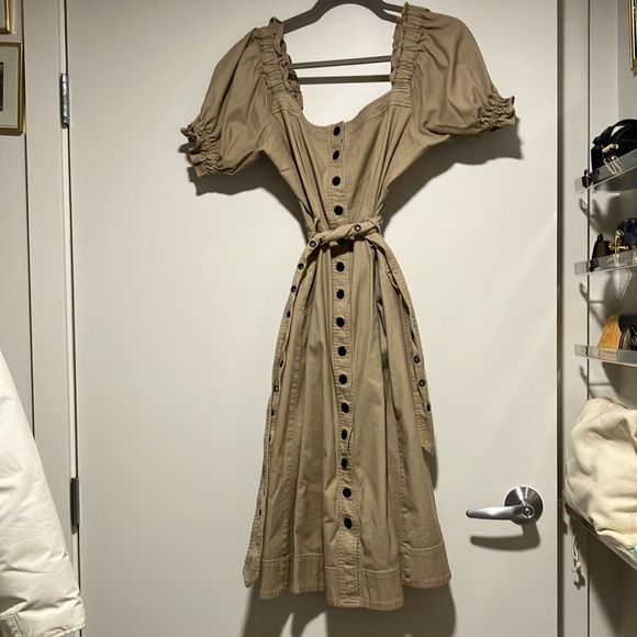 Marissa Webb A Line Shirt Dress Tan Button Up Off Shoulder Belted Puff Sleeves - Picture 4 of 7